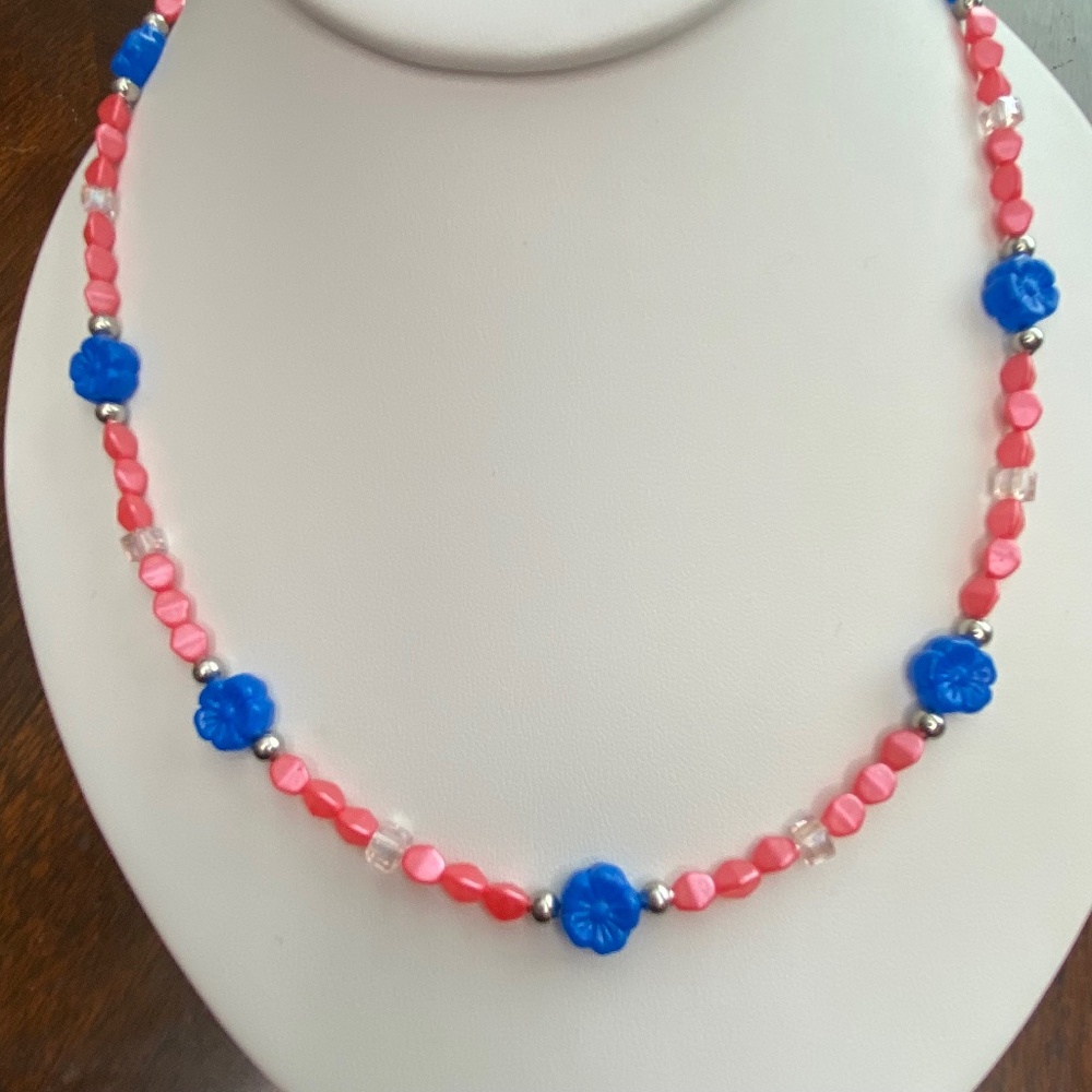Pink Glass & Crystal Beads with Blue Flowers & Antique Silver Beads Necklace
